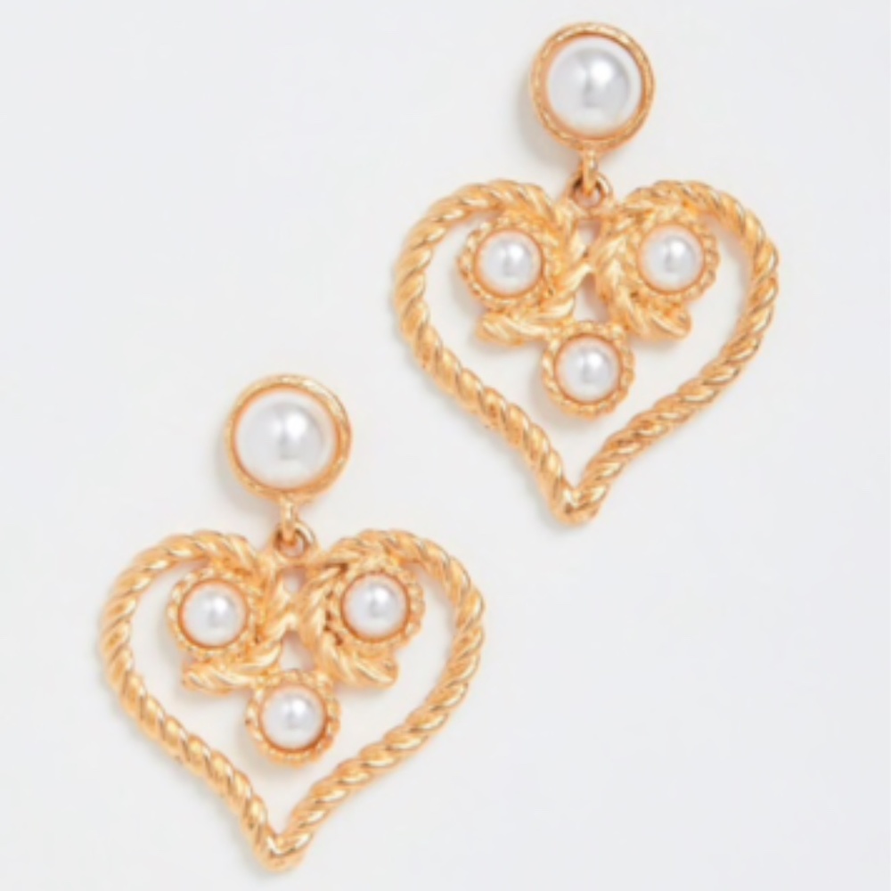 Gold Tone Heart dangle pearl drop earrings